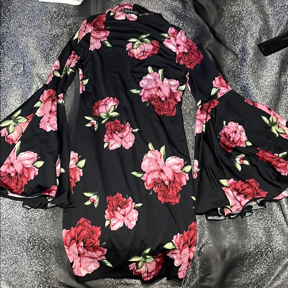 French Atmosphere Pink and Black Floral Dress